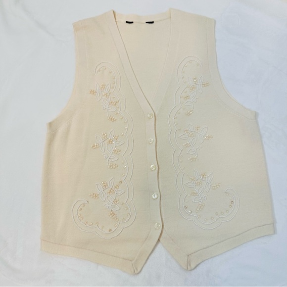 Vintage Sweater Vest Womens Ivory Embroidered Embellishment Coastal Cowgirl - Picture 6 of 6